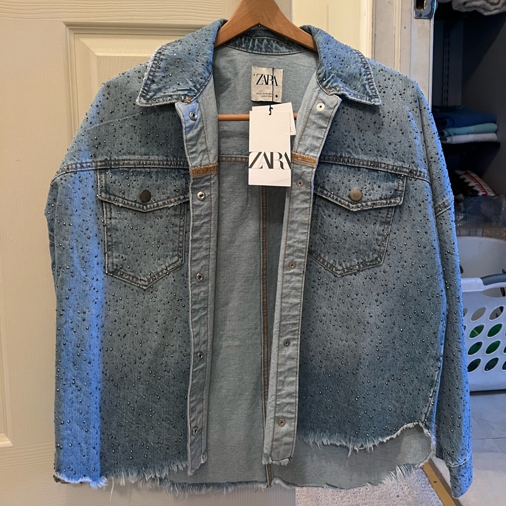 Zara Light Blue Jean Jacket Embellished Denim Jacket